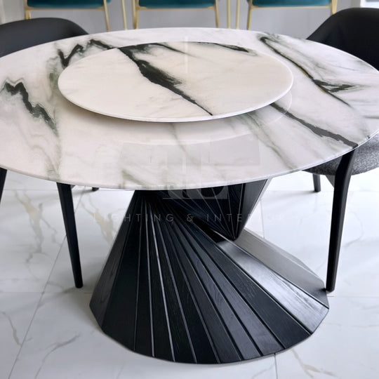 Marquina Black and White 6 Seater Marble Dining Table, Solid Black Wood Base, Complimentary Matching Turntable