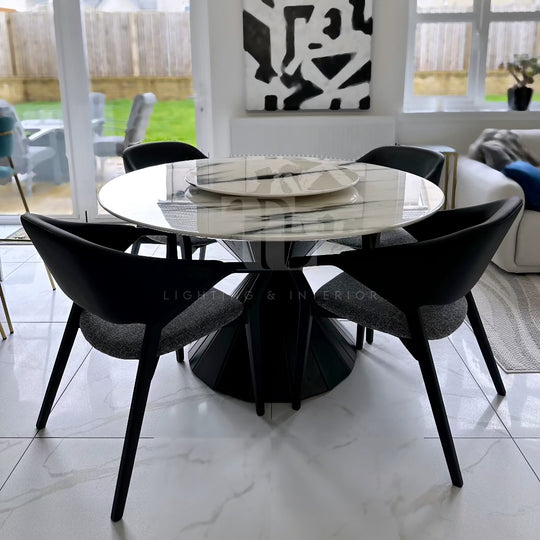 Marquina Black and White 6 Seater Marble Dining Table, Solid Black Wood Base, Complimentary Matching Turntable