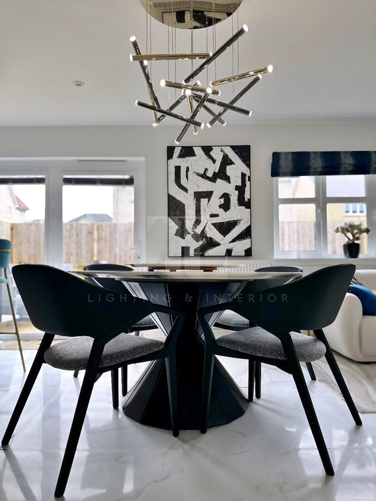 Marquina Black and White 6 Seater Marble Dining Table, Solid Black Wood Base, Complimentary Matching Turntable