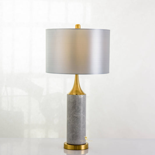 Ebony Brushed Brass Grey Marble Table Lamp with Silver Shade