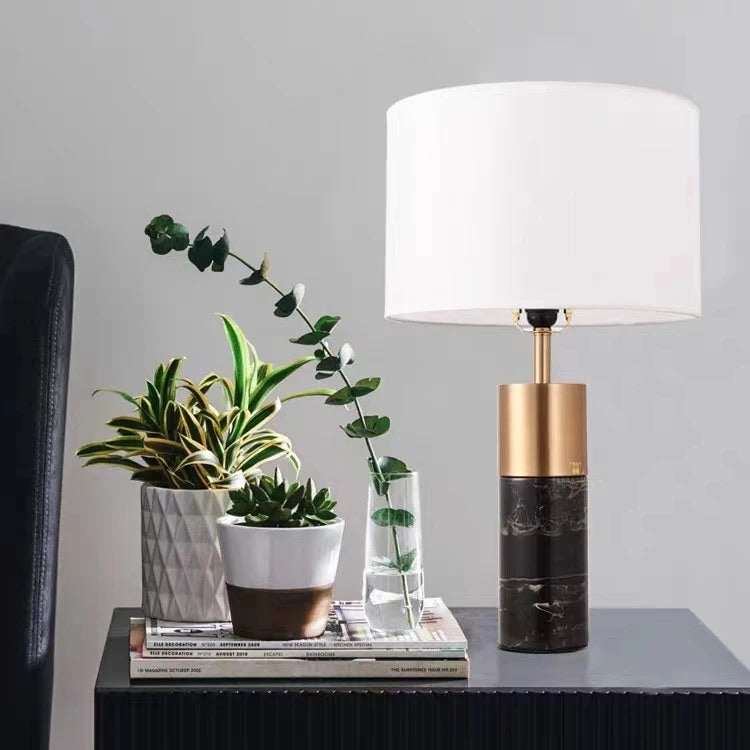 Elis Brushed Brass Dark Grey Marble Table Lamp with Ivory Shade