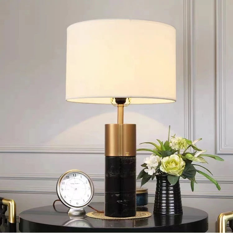 Elis Brushed Brass Dark Grey Marble Table Lamp with Ivory Shade