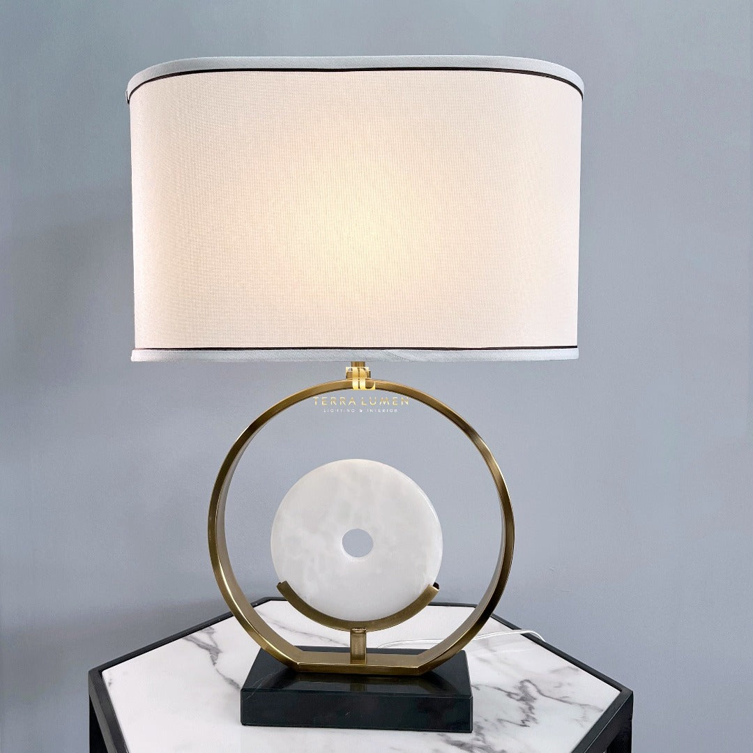 Isla Brushed Brass Marble Disk Table Lamp with Off-White Drum Shade