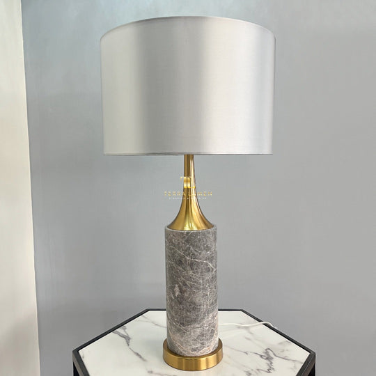 Ebony Brushed Brass Grey Marble Table Lamp with Silver Shade