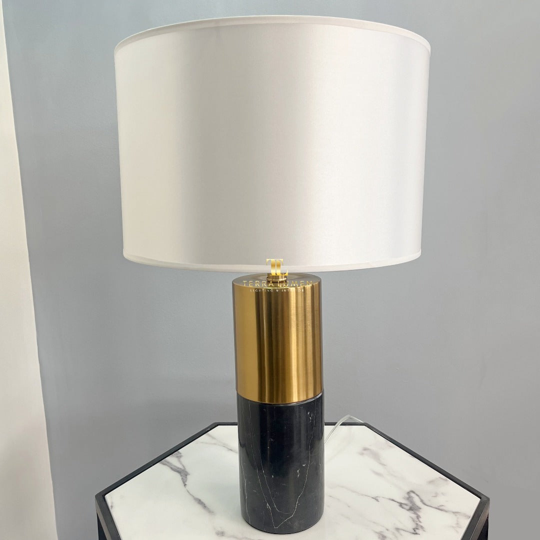 Elis Brushed Brass Dark Grey Marble Table Lamp with Ivory Shade