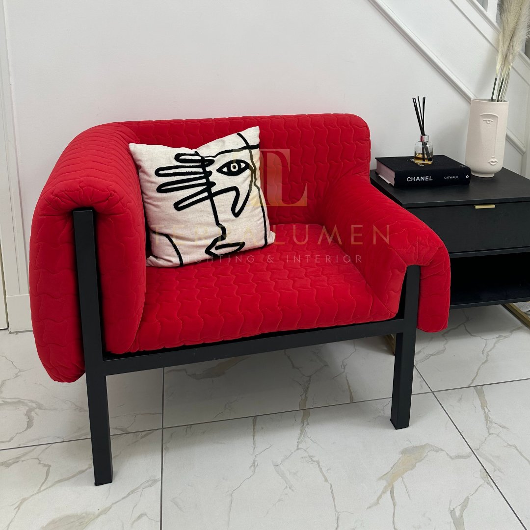 Claudia Black and Red Asymmetrical Velvet Armchair