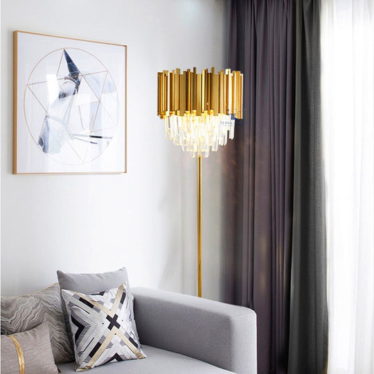 Monroe Brushed Gold Floor Lamp with Clear Prism Crystals Glass