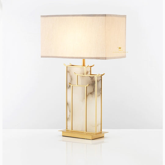 Cleo Japandi Polished Gold Marble Effect Table Lamp with White Shade