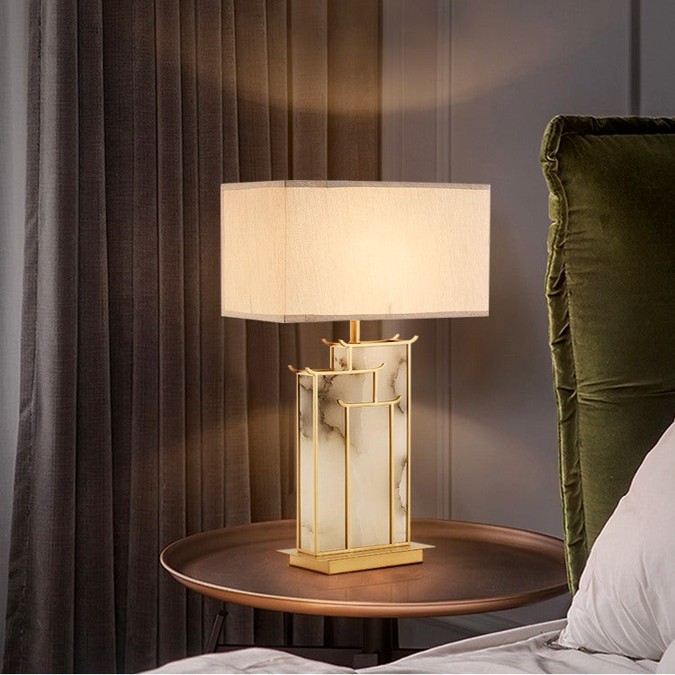 Cleo Japandi Polished Gold Marble Effect Table Lamp with White Shade