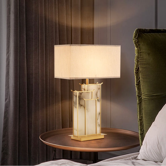 Cleo Japandi Polished Gold Marble Effect Table Lamp with White Shade