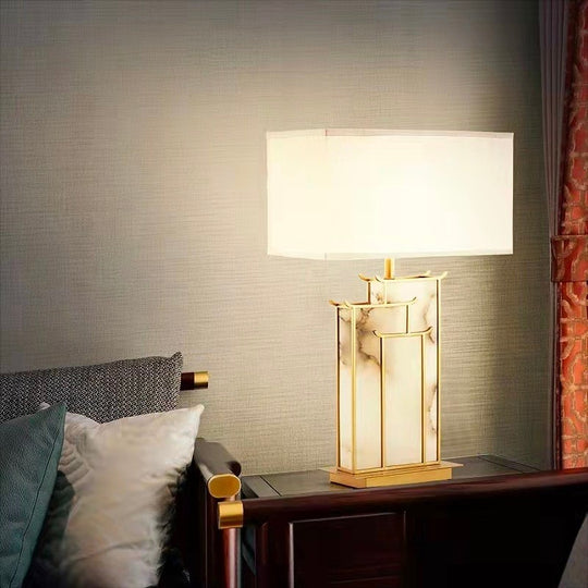 Cleo Japandi Polished Gold Marble Effect Table Lamp with White Shade