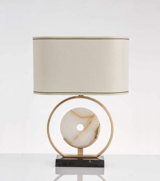 Isla Brushed Brass Marble Disk Table Lamp with Off-White Drum Shade