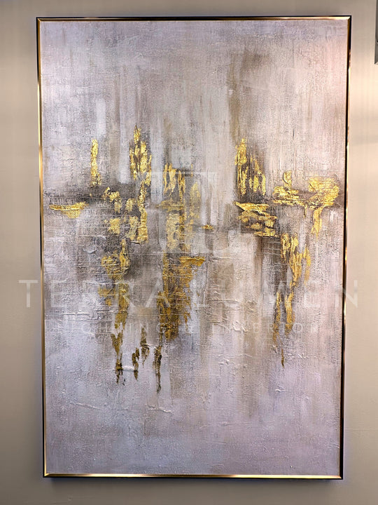 Celeste Grey and Gold Abstract Painting with Gold Frame