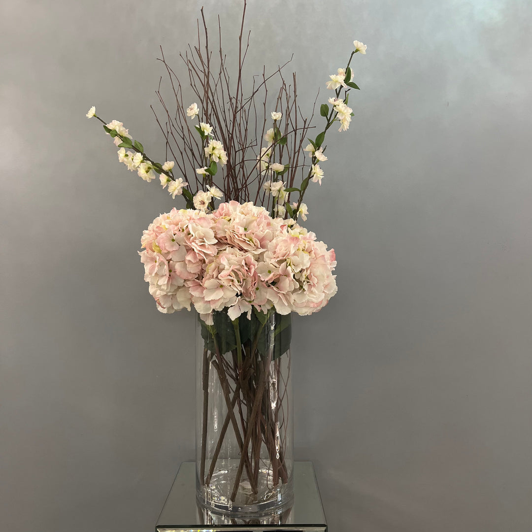 Pink Hydrangeas, Blossom and Willow in a tall glass