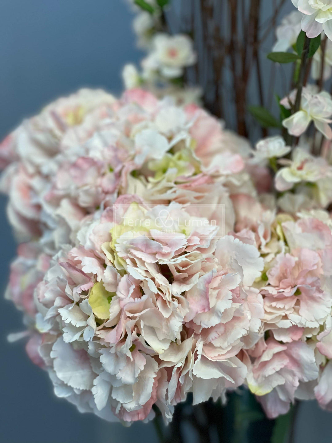 Pink Hydrangeas, Blossom and Willow in a tall glass